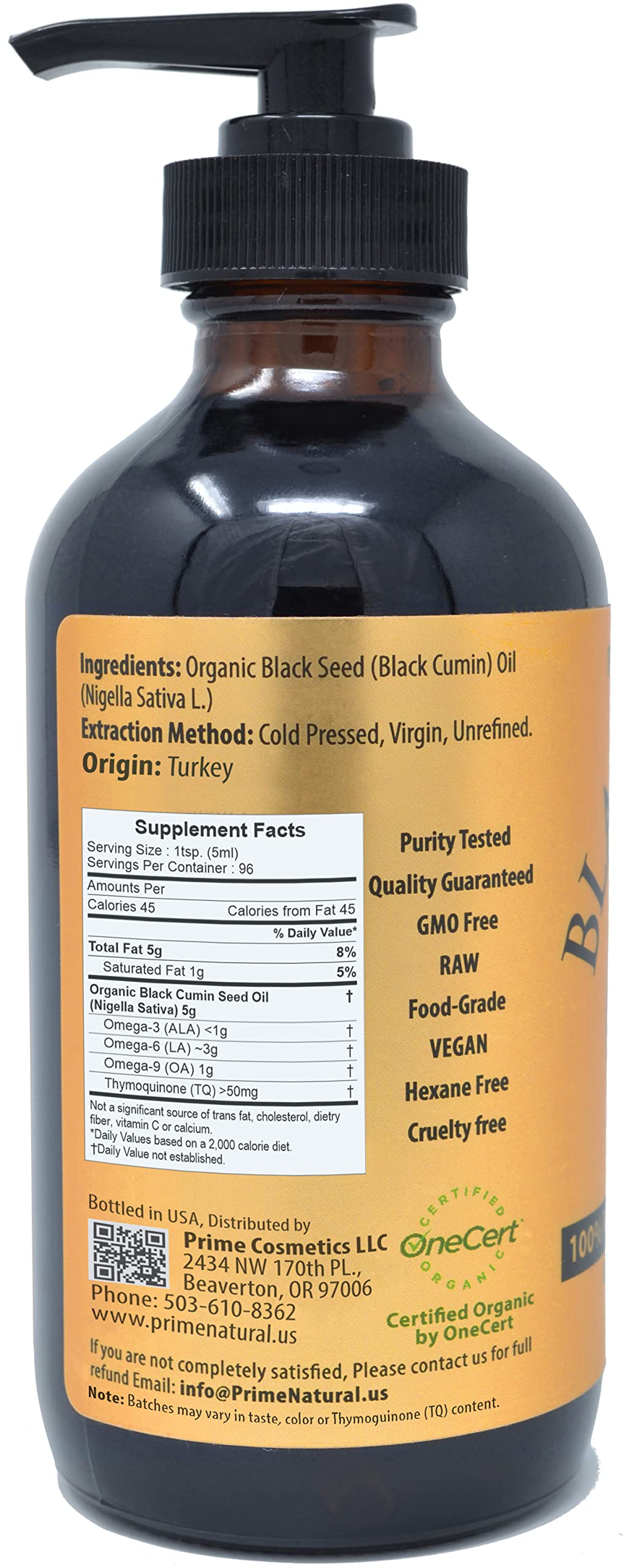 Close-up of the PRIME NATURAL Black Seed Oil label
