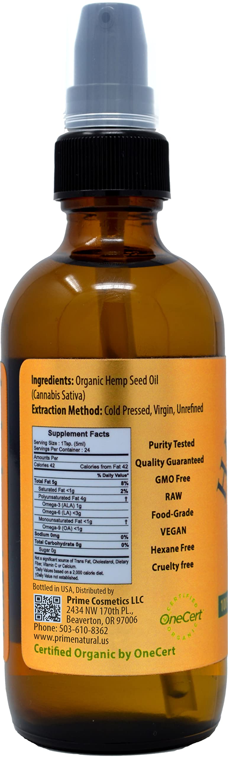 Prime Natural Hemp Seed Oil label showing USDA certification