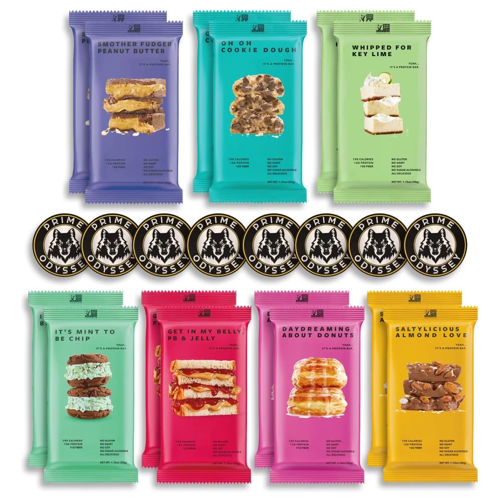 Prime Odyssey vegan protein snack bar variety pack packshot highlighting diverse flavors for on-the-go snacking.