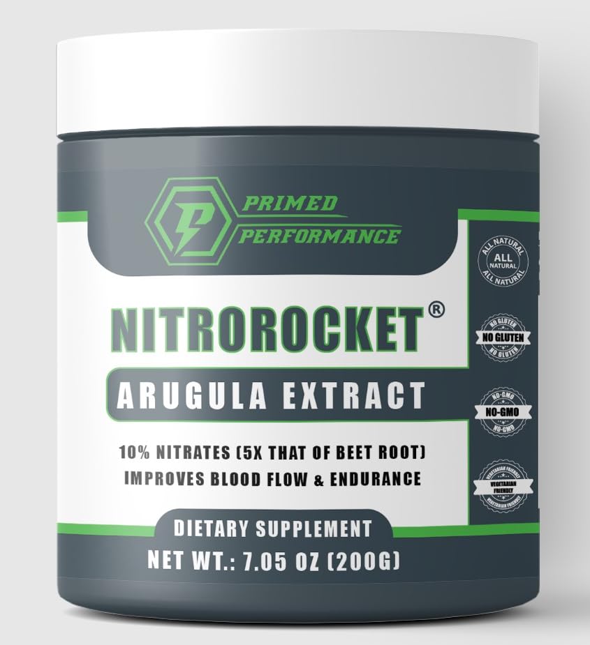 Primed Performance NitroRocket bottle close-up highlighting premium packaging for circulation support.
