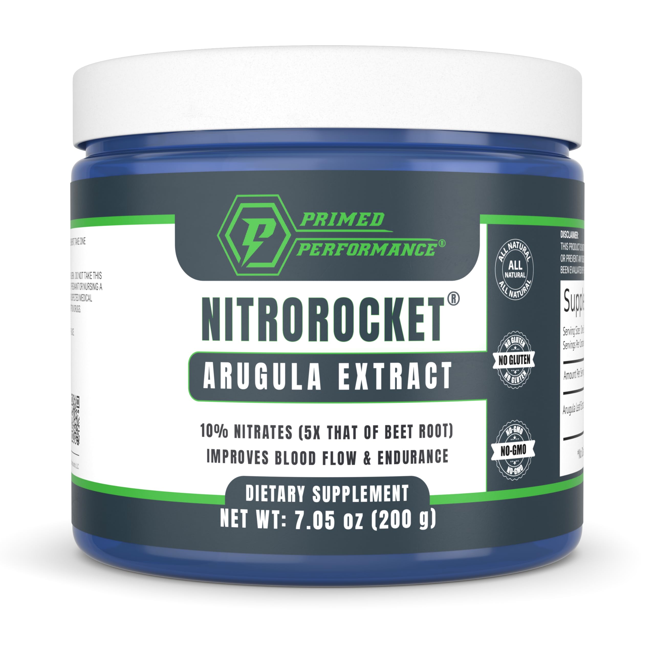 Primed Performance NitroRocket bottle close-up highlighting premium packaging for circulation support.