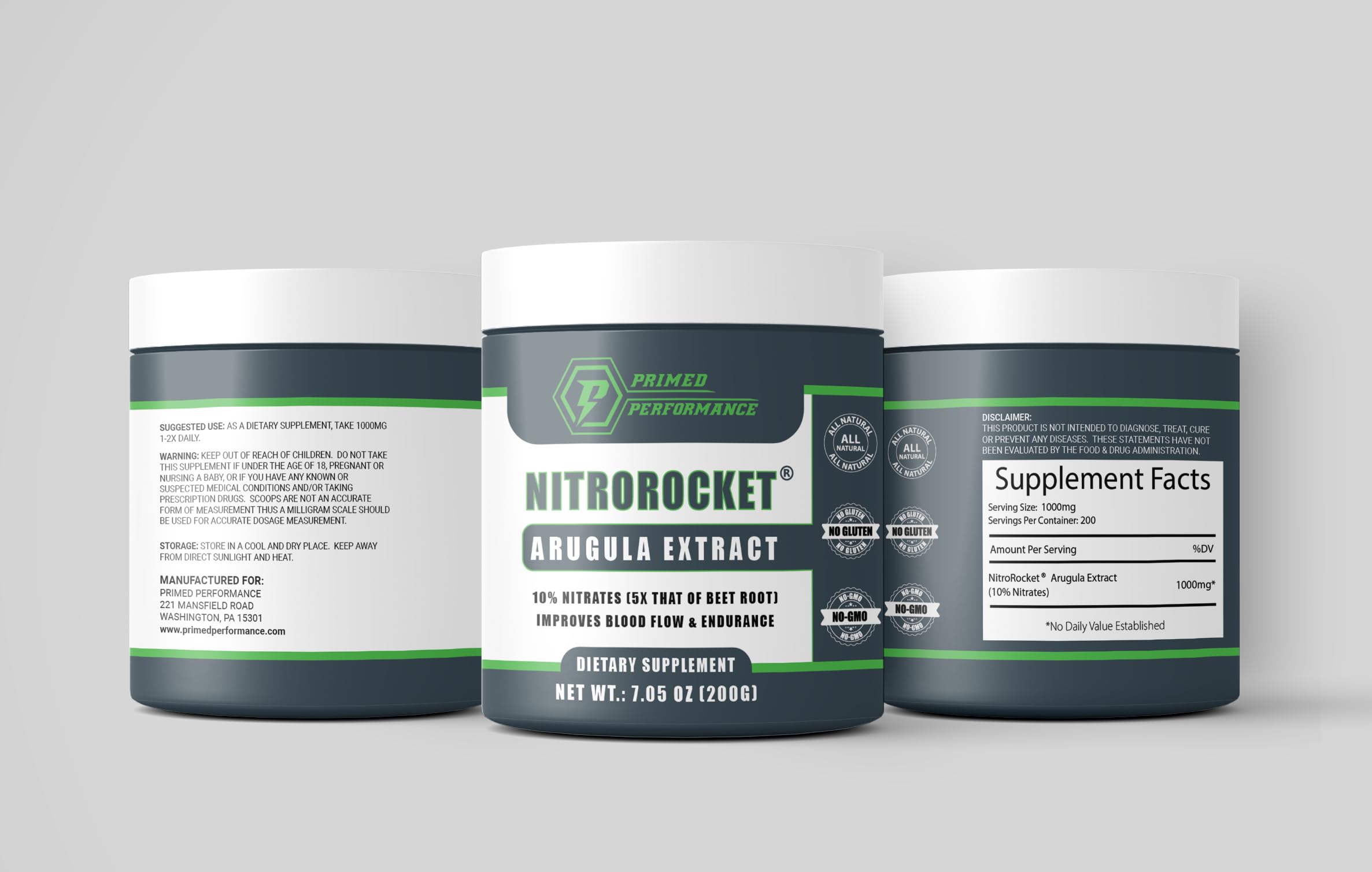Primed Performance NitroRocket packaging highlights nitrate-based performance benefits for athletes.
