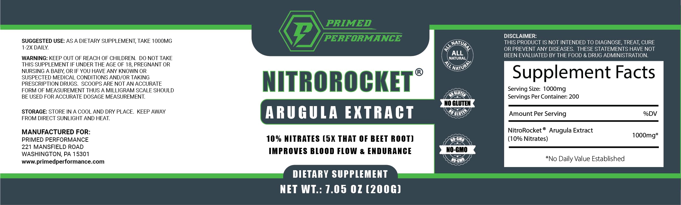 Primed Performance NitroRocket plant-based ingredients highlight non-GMO performance support.