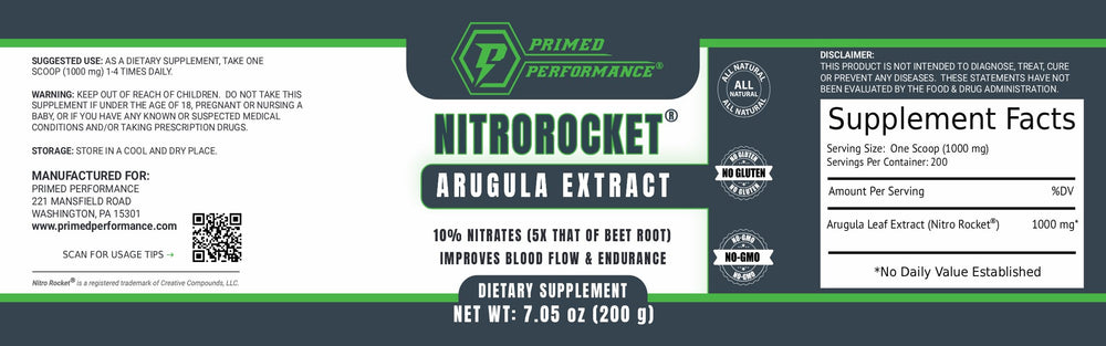 Primed Performance NitroRocket plant-based ingredients highlight non-GMO performance support.