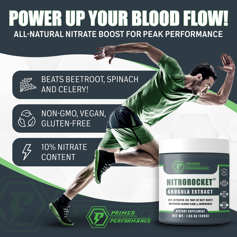 Primed Performance NitroRocket scoop dispensing powder for quick pre-workout energy and focus.