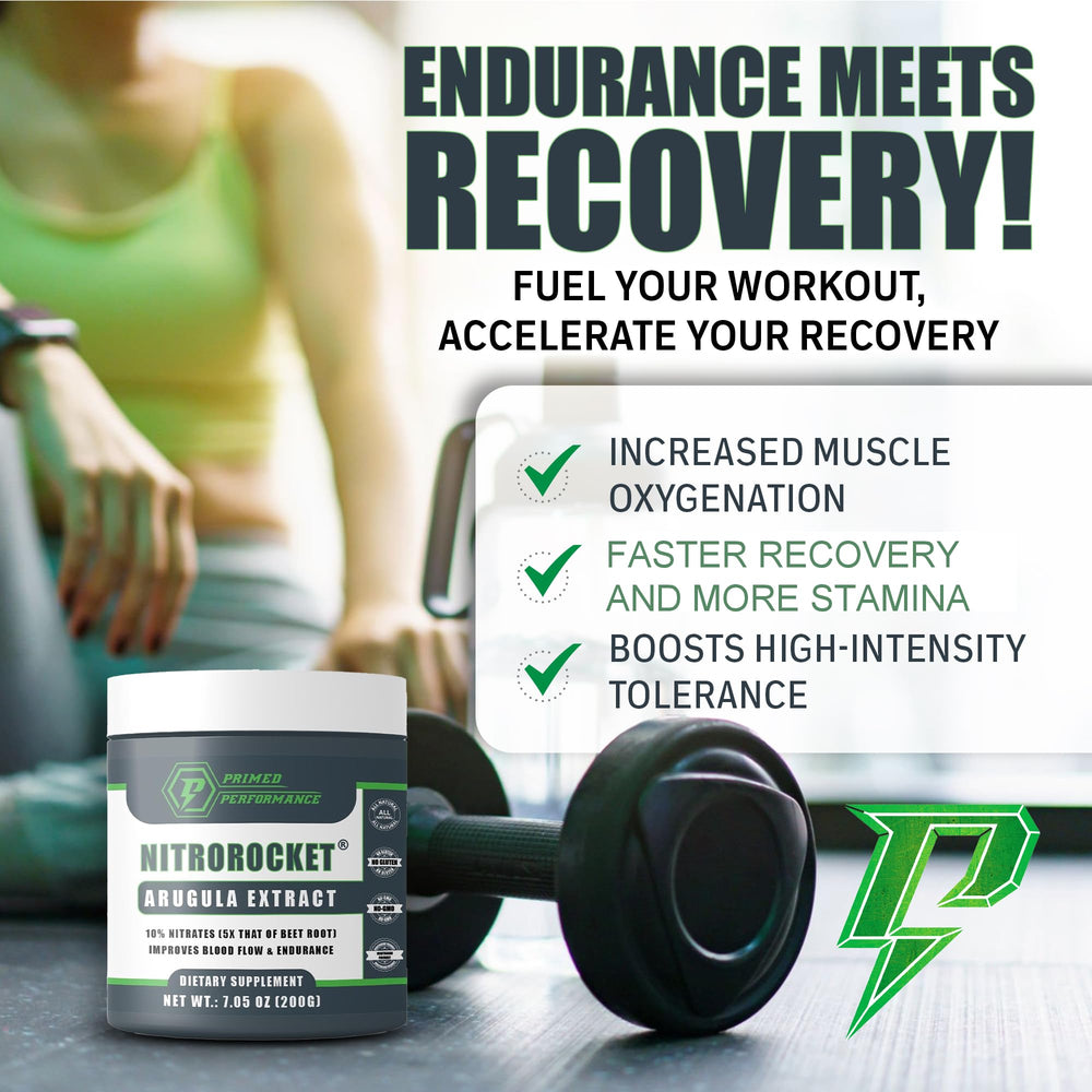 Primed Performance NitroRocket scoop dispensing powder for quick pre-workout energy and focus.