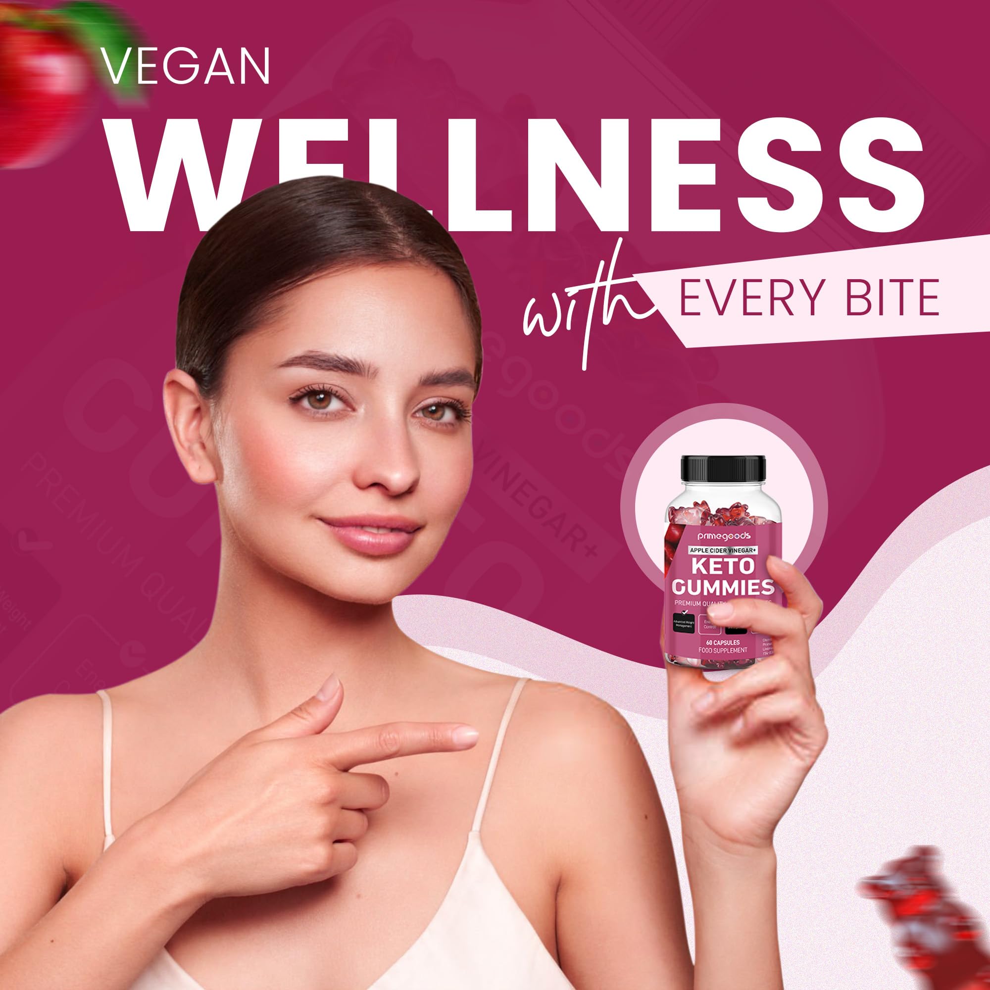 pomegranate and beetroot ingredients next to gummies illustrating natural extracts and flavor profile