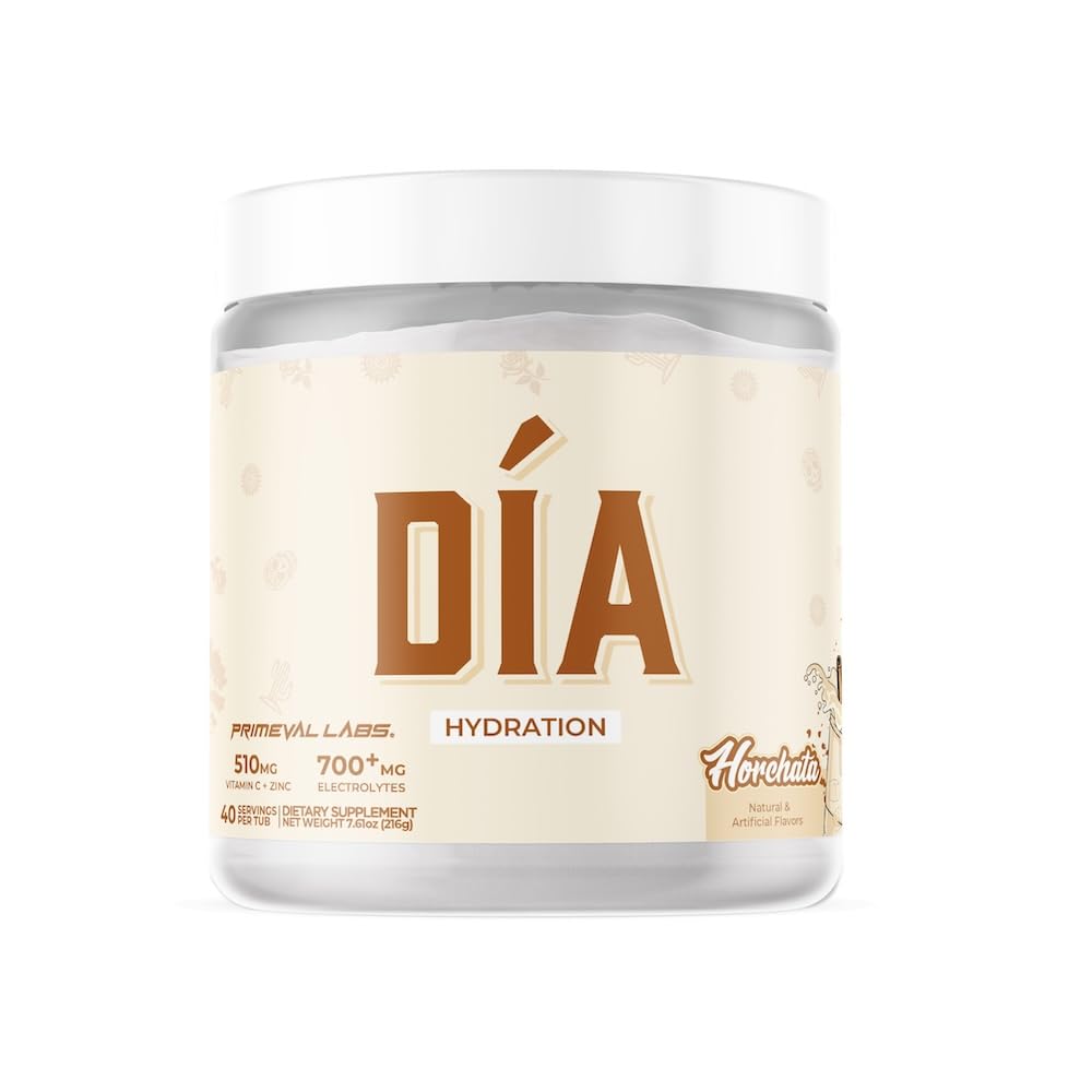 Primeval Labs Dia Hydration Electrolyte Powder Horchata tub label