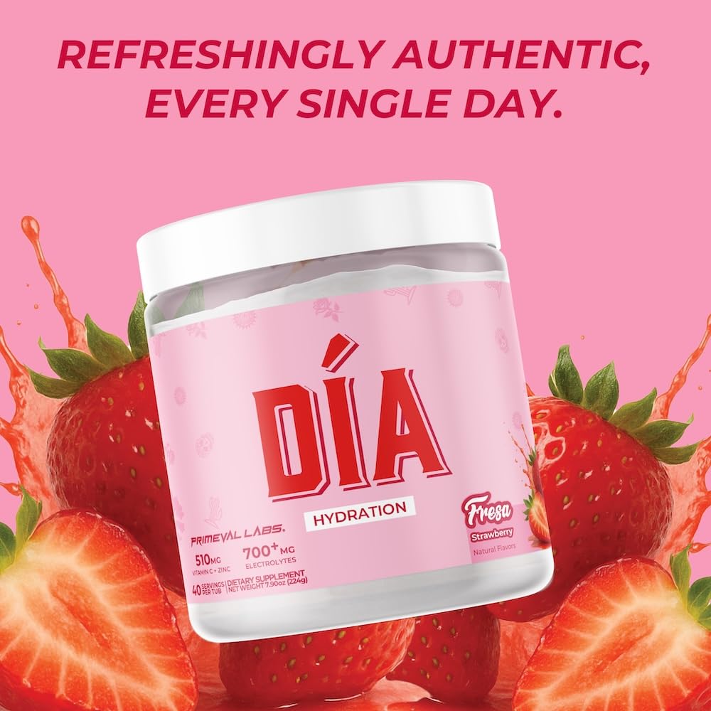Scoop of Dia Hydration Powder with glass of water showcasing Fresa flavor