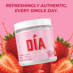 Scoop of Dia Hydration Powder with glass of water showcasing Fresa flavor