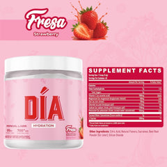 Dia Hydration packaging side view showing ingredients for Fresa flavor