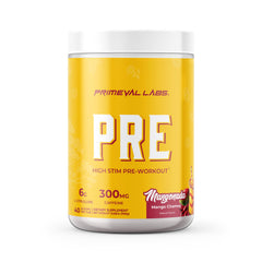 Primeval Labs PRE Mangonada tub label showcases flavor for energized workouts