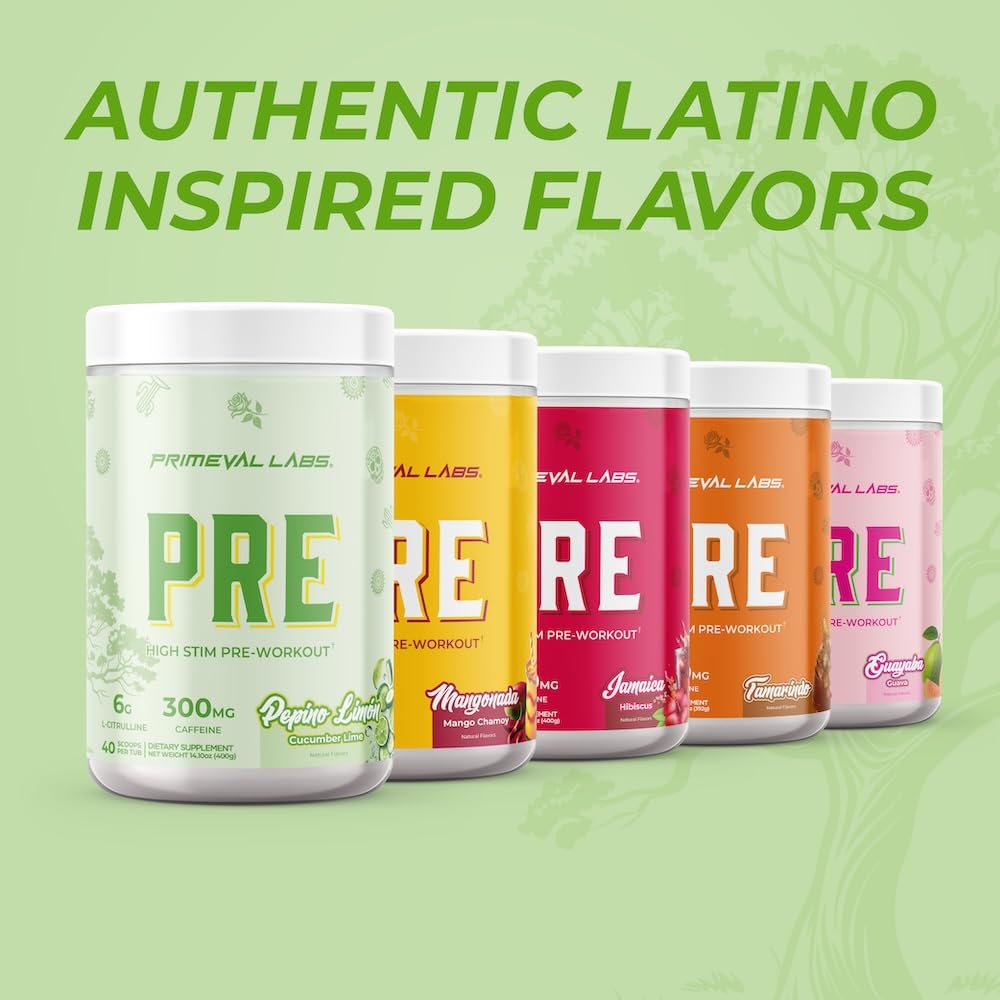 Primeval Labs PRE energy blend icon signals 300mg caffeine per serving.