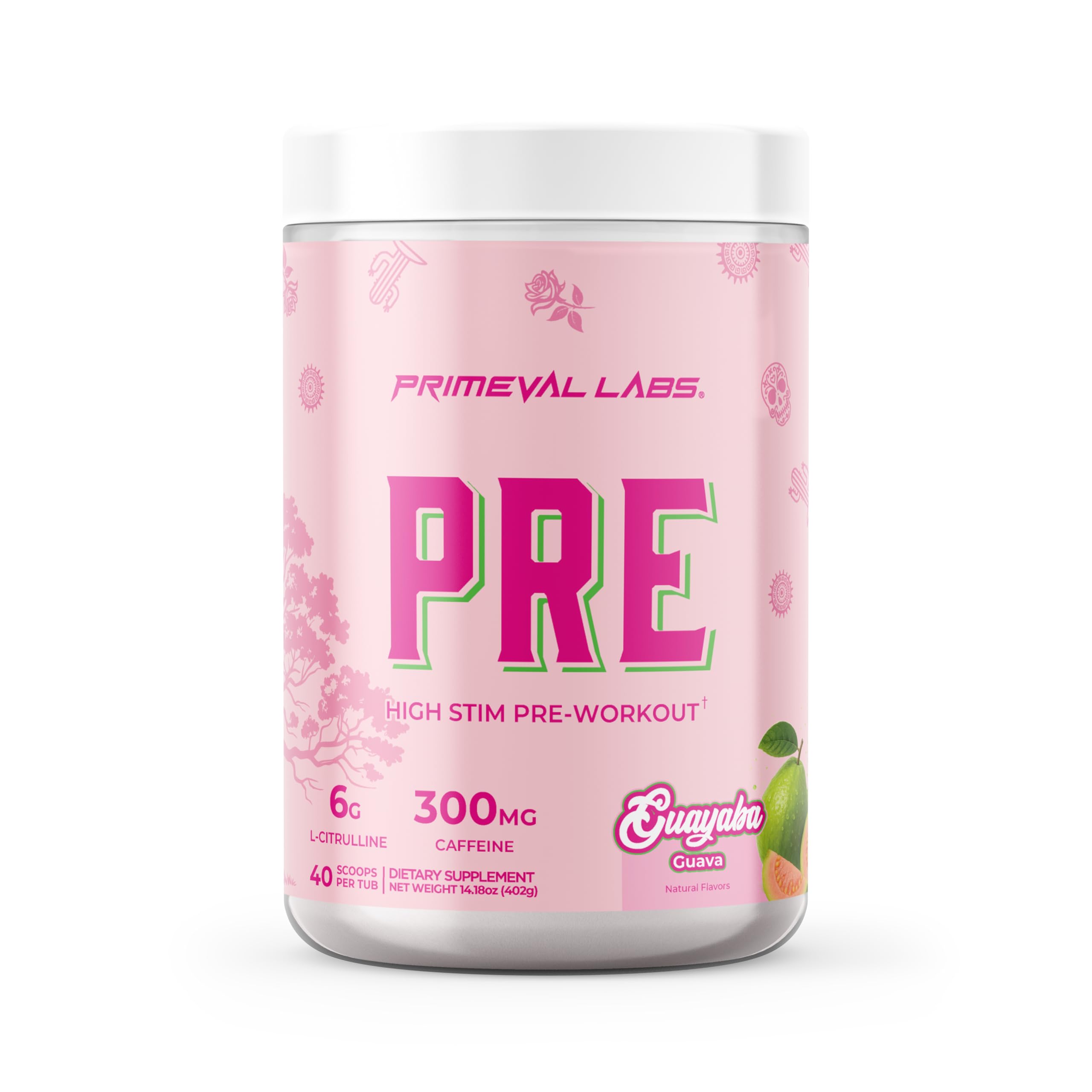 Primeval Labs PRE High-Stim pre-workout tub in guayaba flavor boosts energy for intense workouts.