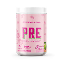 Primeval Labs PRE High-Stim pre-workout tub in guayaba flavor boosts energy for intense workouts.