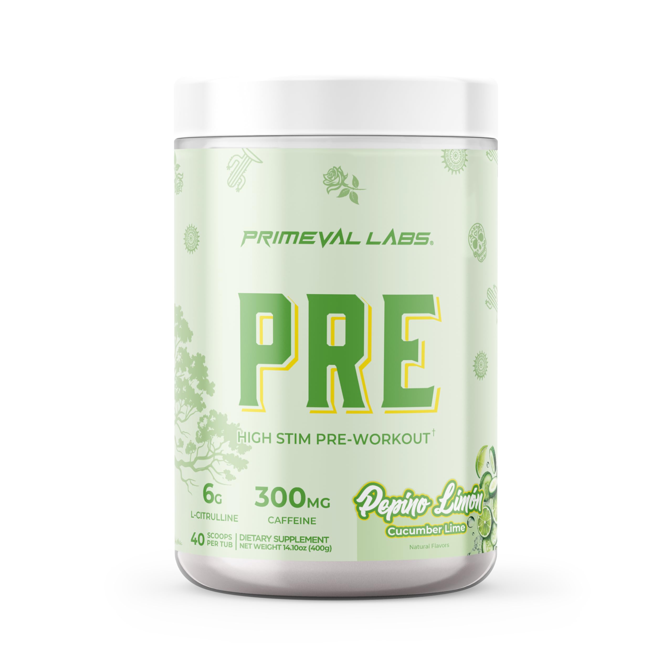 Primeval Labs PRE high-stim pre-workout tub boosts energy for intense workouts.