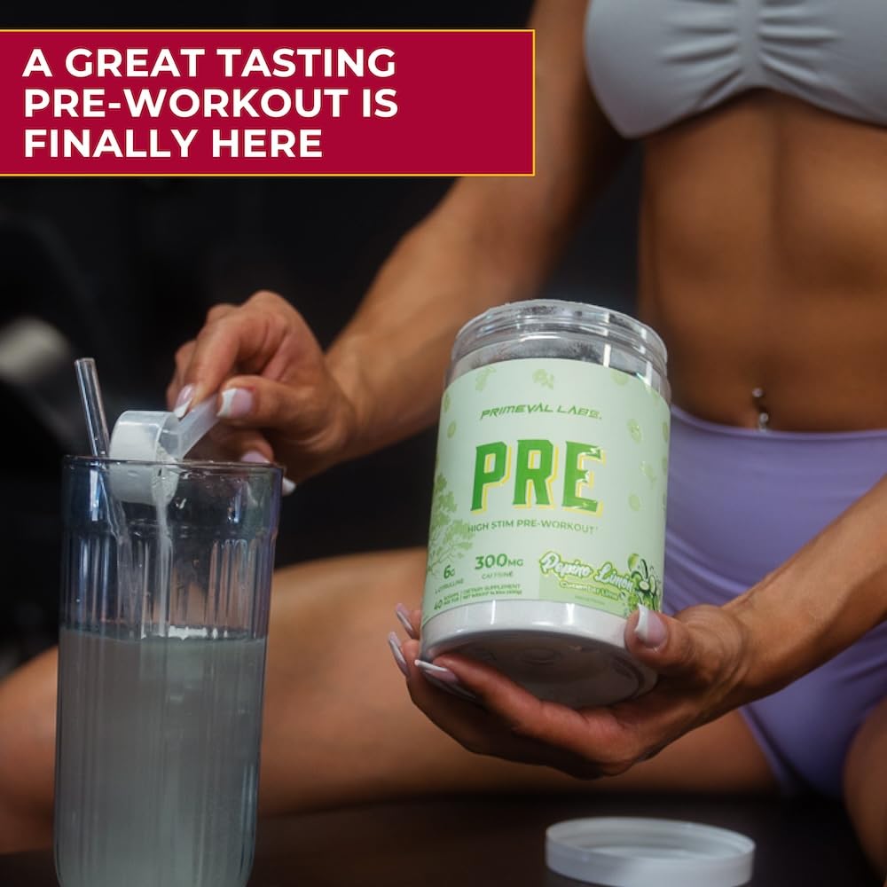 Primeval Labs PRE scoop beside tub signaling sustained energy for workouts