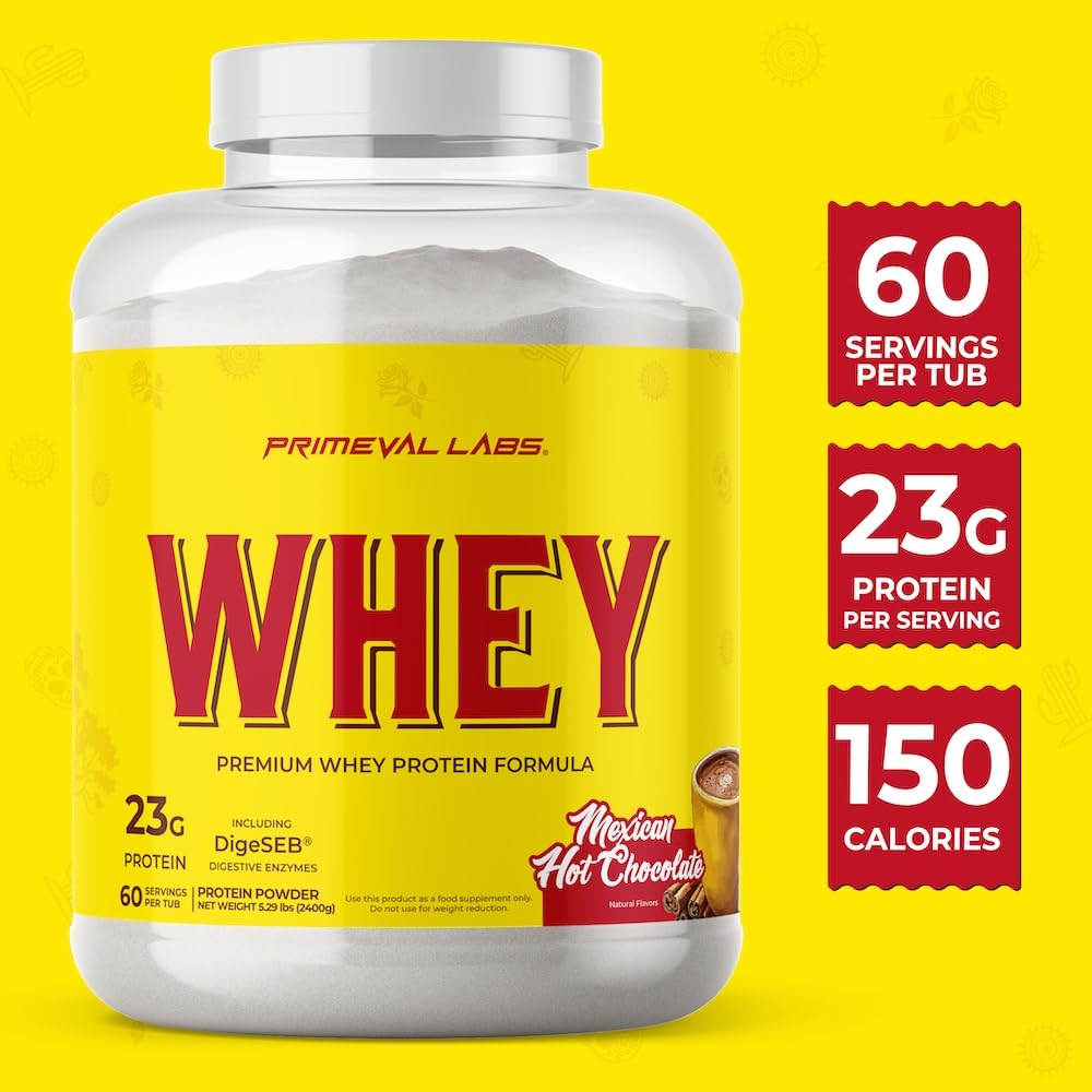 Primeval Labs Pure Whey Concentrate with DigeSEB enzymes aids digestion.