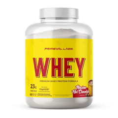 Primeval Labs Pure Whey Concentrate Mexican Hot Chocolate shake, rich flavor for post-workout use.