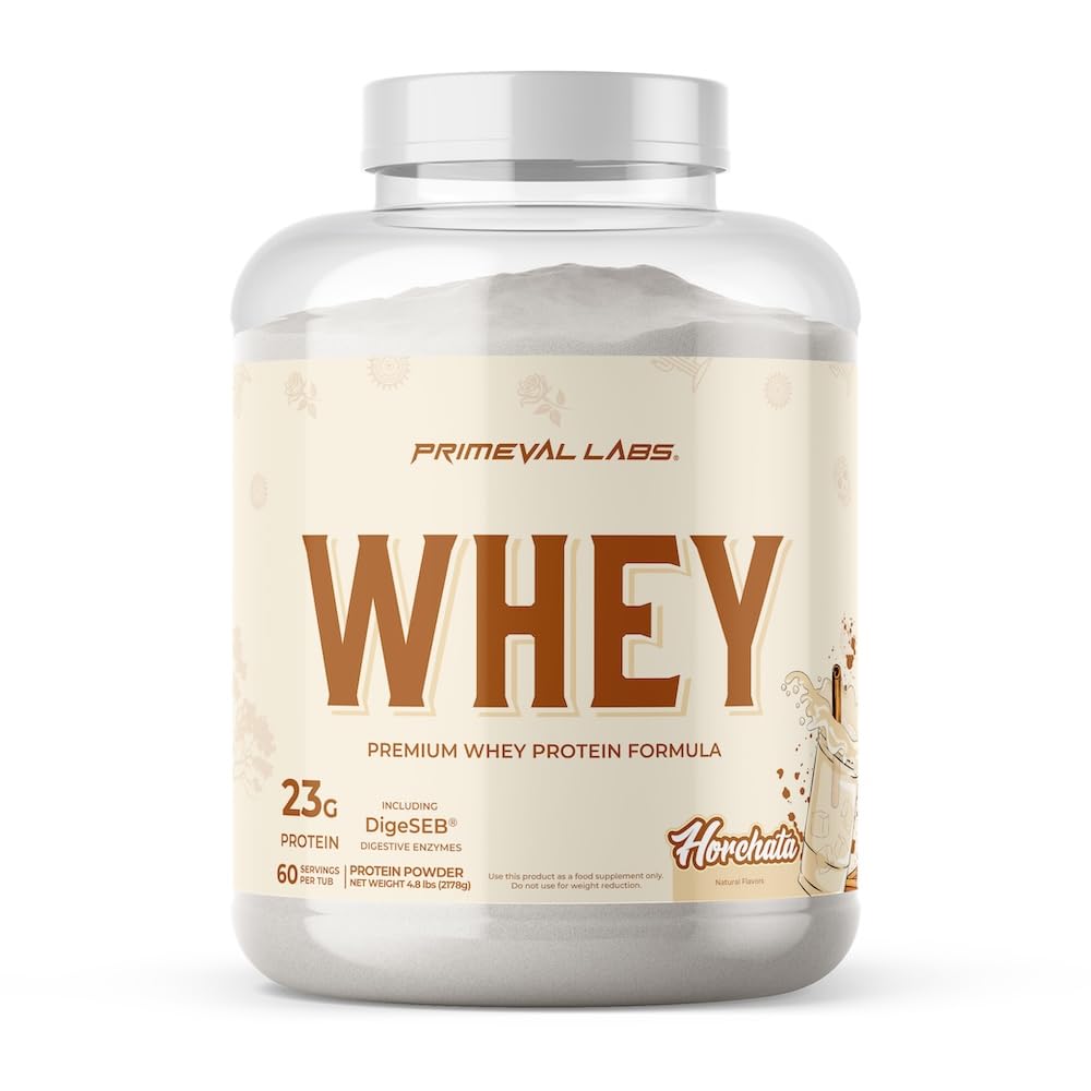 Primeval Labs Pure Whey Horchata tub shows high-protein formula for recovery