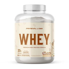 Primeval Labs Pure Whey Horchata tub shows high-protein formula for recovery