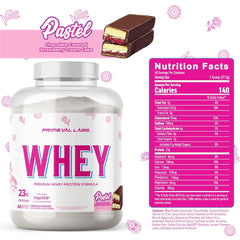 Primeval Labs Pure Whey bottle with label highlights WPC-80 and clean ingredients