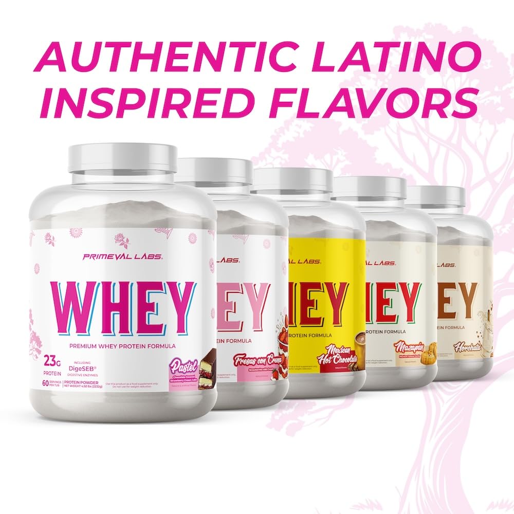 Primeval Labs Pure Whey packaging display emphasizes premium protein blend