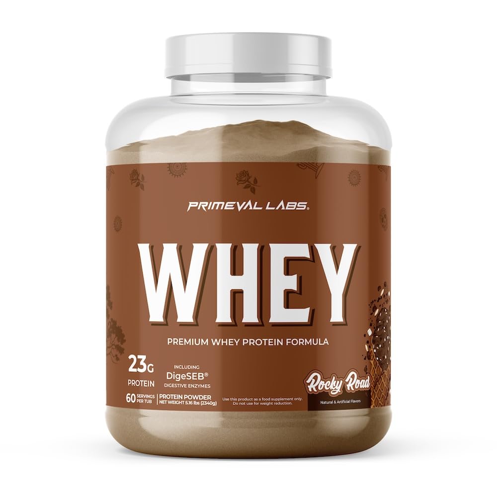 Primeval Labs Pure Whey tub close-up showing creamy texture