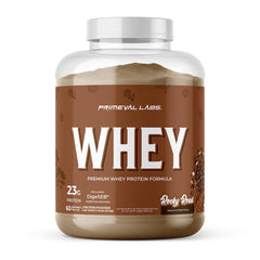Primeval Labs Pure Whey tub close-up showing creamy texture