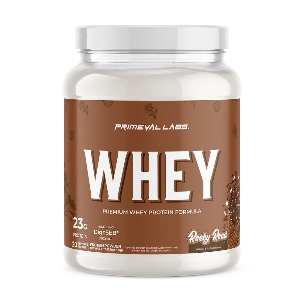 Primeval Labs Pure Whey Rocky Road bottle emphasizes high-protein, clean-gains potential