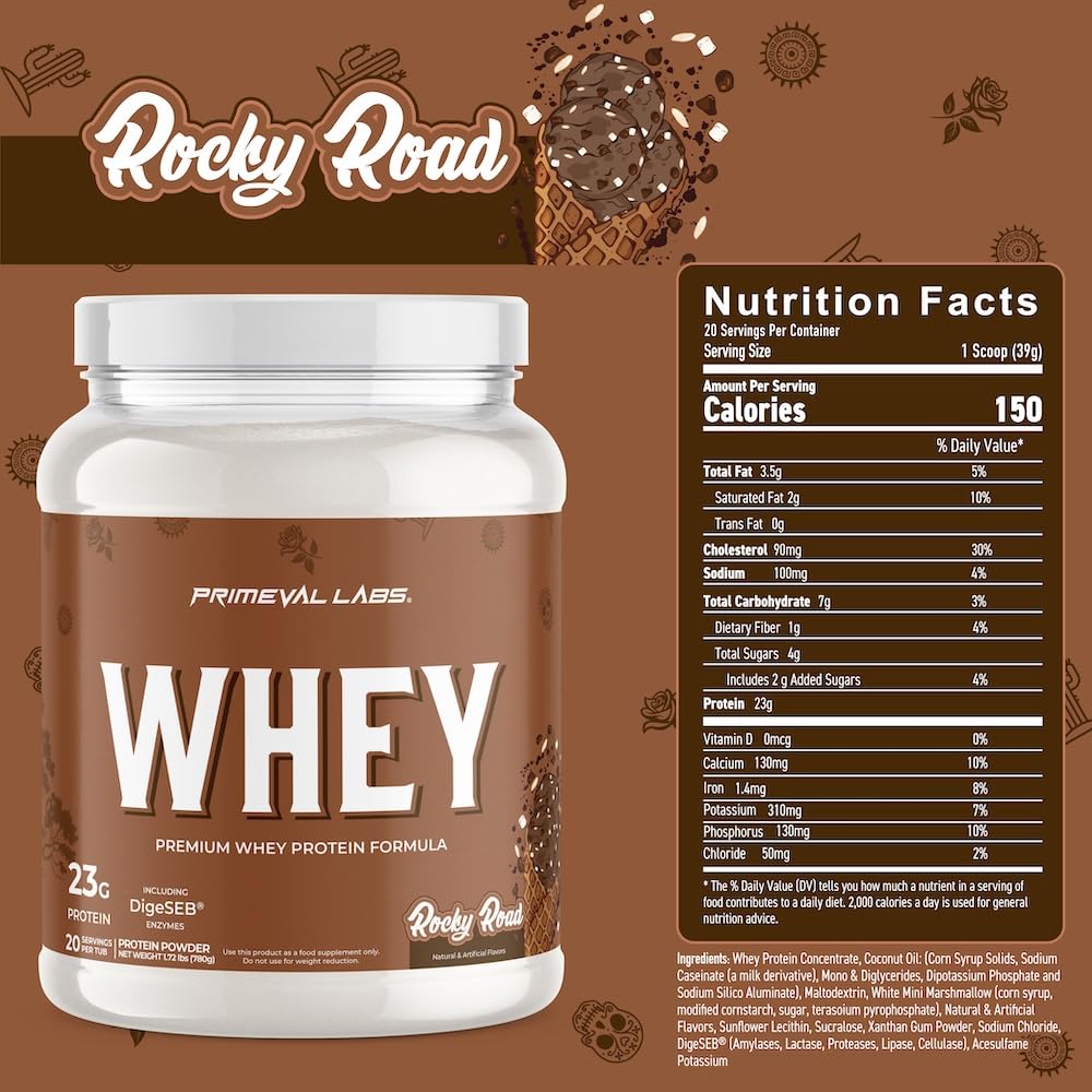 Primeval Labs Pure Whey Rocky Road scoop shows convenient protein delivery for meals