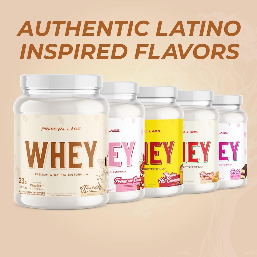 Primeval Labs Pure Whey tub closeup highlighting 20 serving protein solution