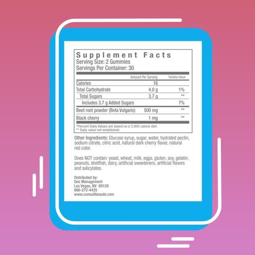 Nutrition facts panel for Primo Beets Treats Gummies