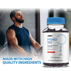 Close-up of Primo TRT gummies bottle