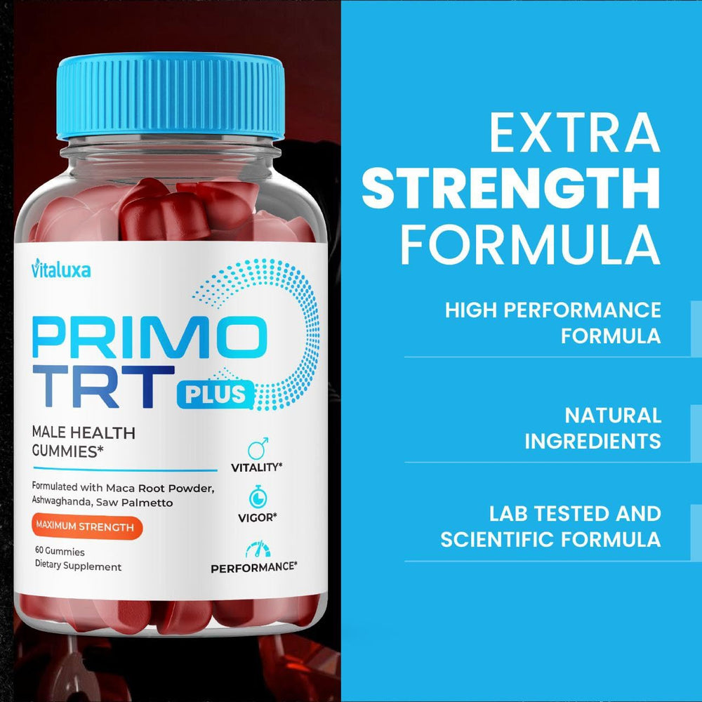 Supplement facts and ingredients label for Primo TRT Gummies