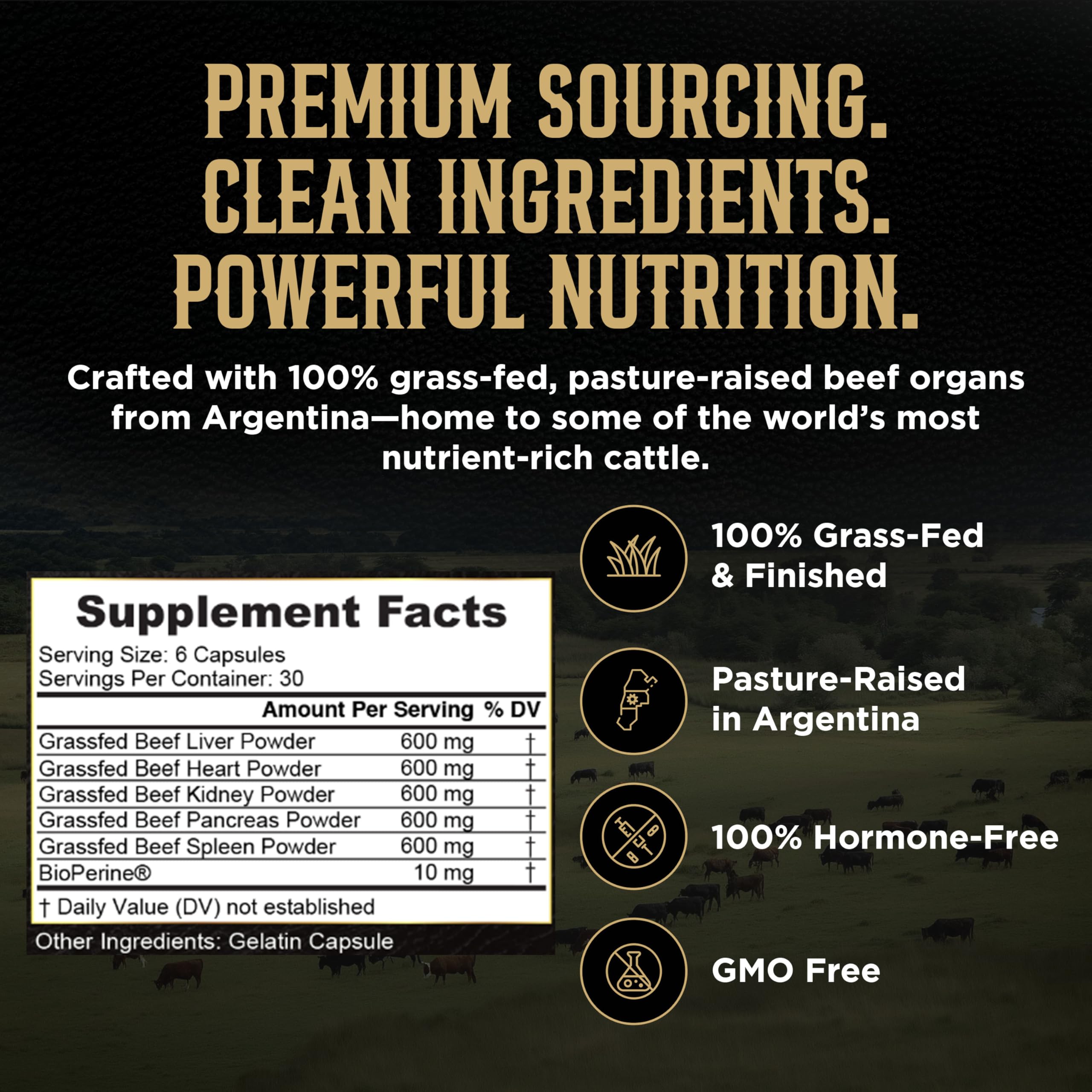 Grass-fed Argentine cattle sourcing for PRIMUS organ supplements