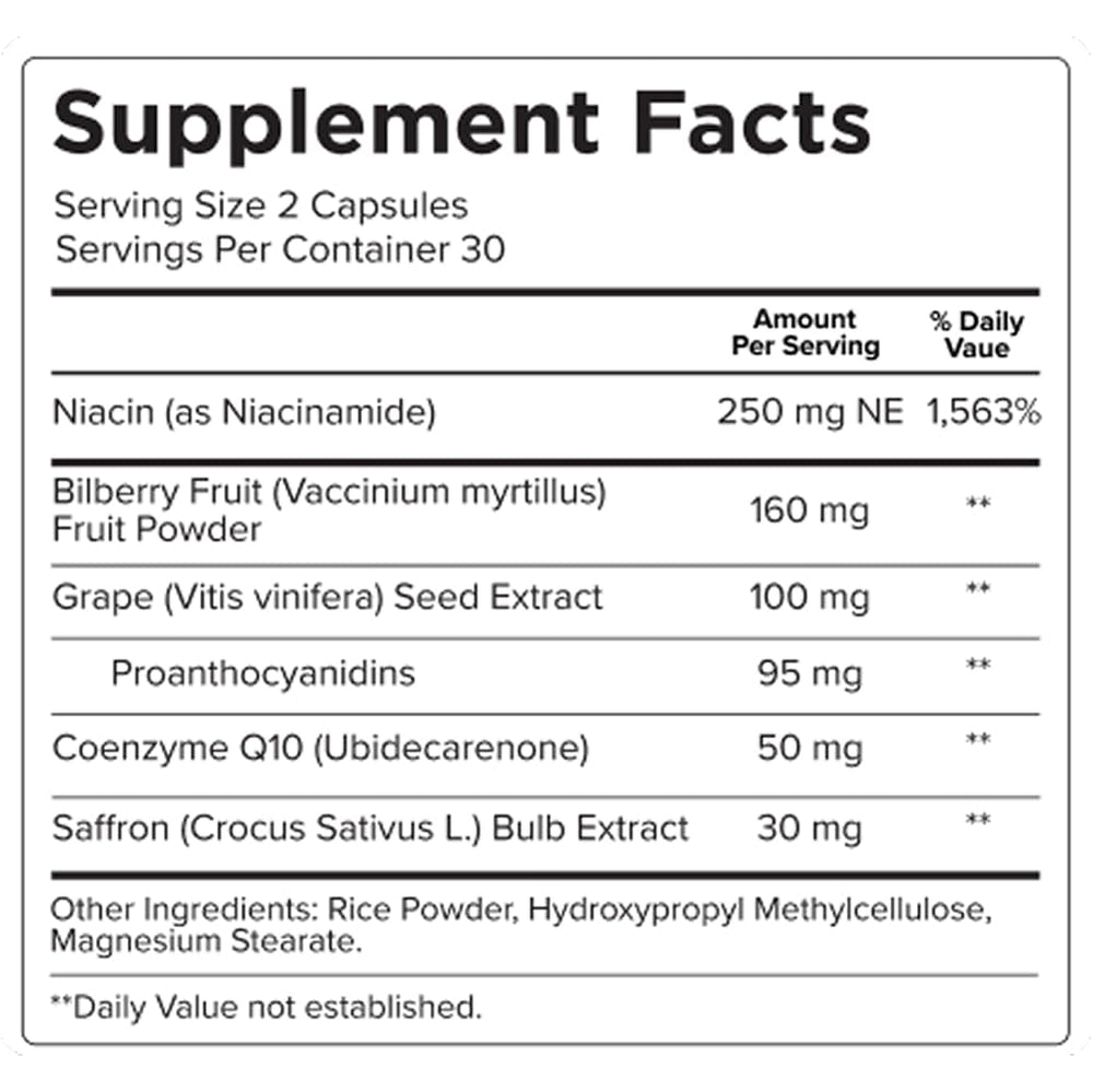 Neuroptene ingredients including bilberry, saffron, niacinamide and CoQ10