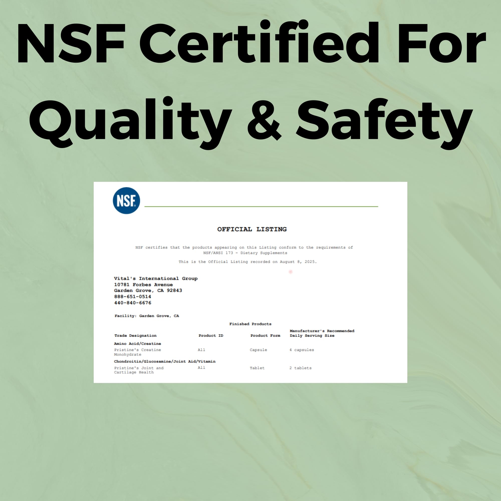 Back label with supplement facts for PRISTINE'S Creatine Monohydrate Capsules