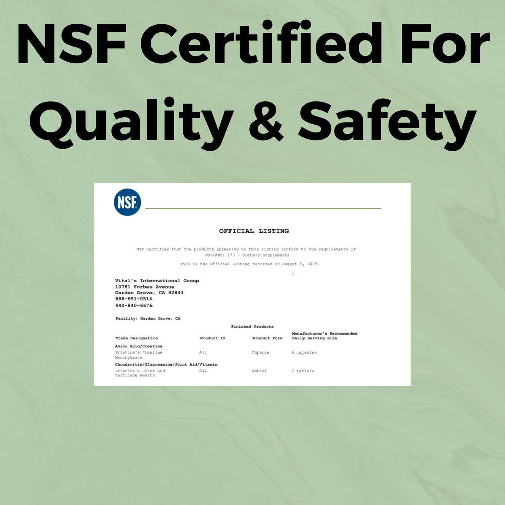 Back label with supplement facts for PRISTINE'S Creatine Monohydrate Capsules