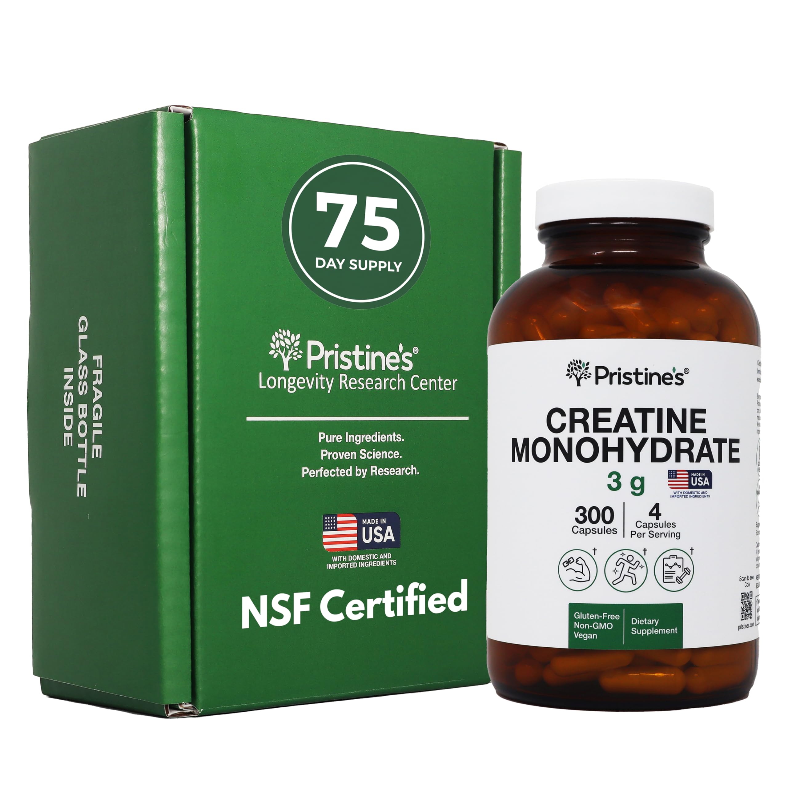 Front label of PRISTINE'S Creatine Monohydrate Capsules