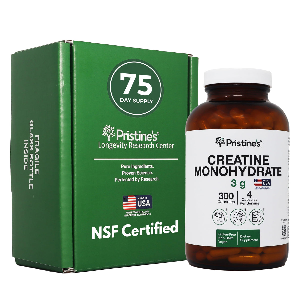 Front label of PRISTINE'S Creatine Monohydrate Capsules