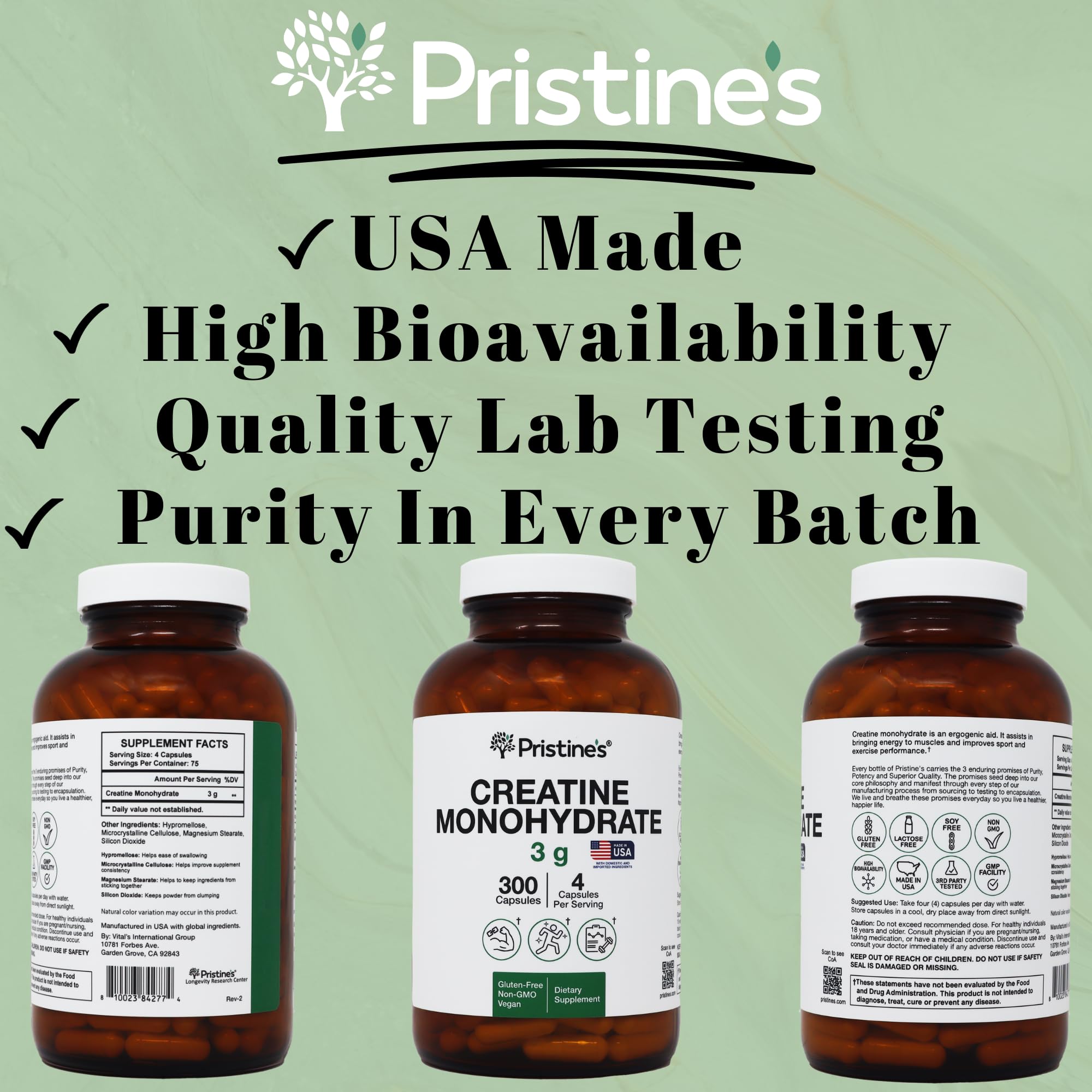 NSF Certified badge on PRISTINE Creatine Monohydrate label