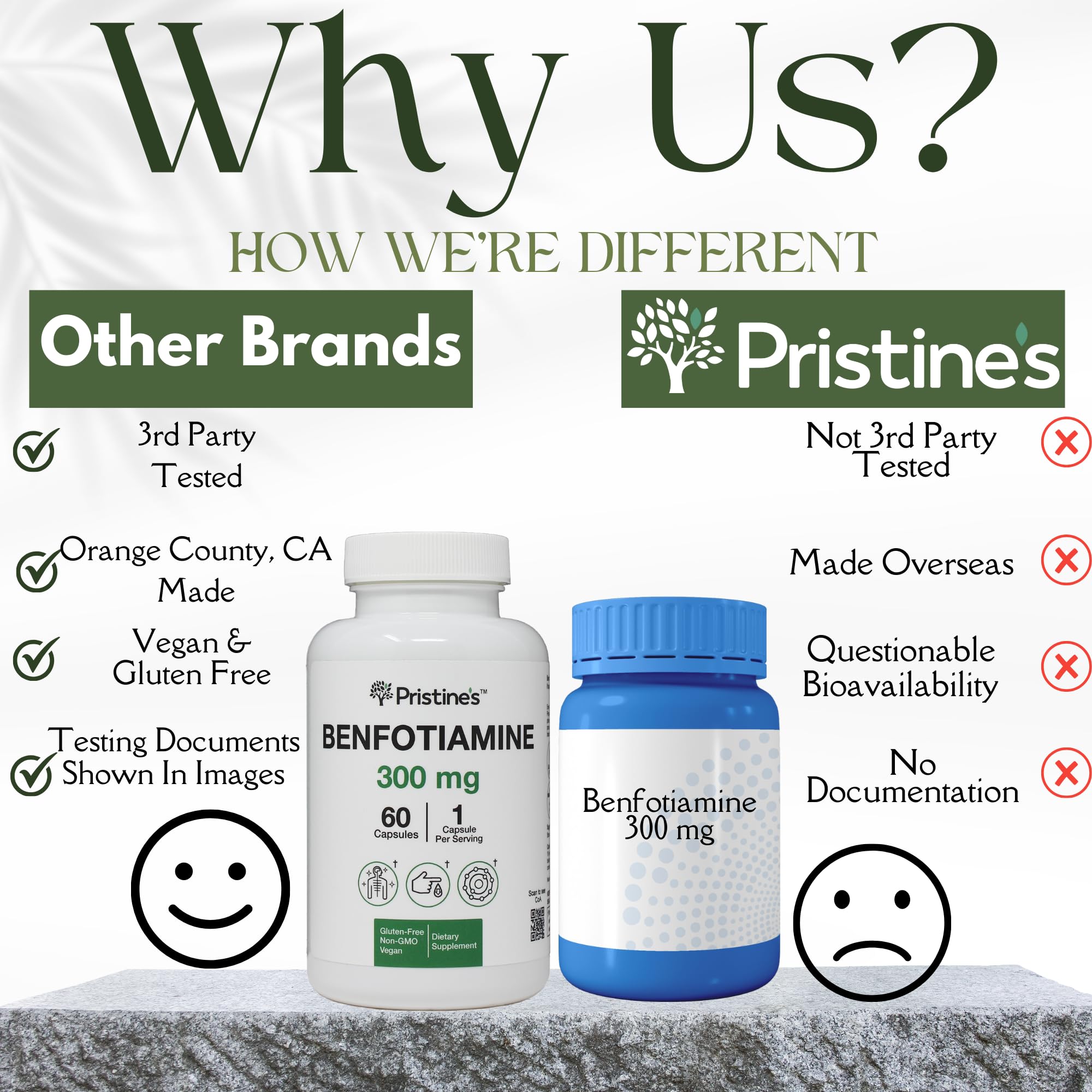 Vegan and Non-GMO badges with Benfotiamine packaging