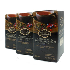 Close-up of Private Selection green tea sachets with pomegranate, blueberry and acai