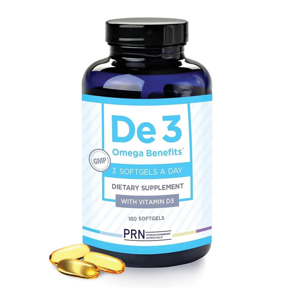 PRN De3 Dry Eye Omega-3 bottle with label showing 2240mg EPA & DHA