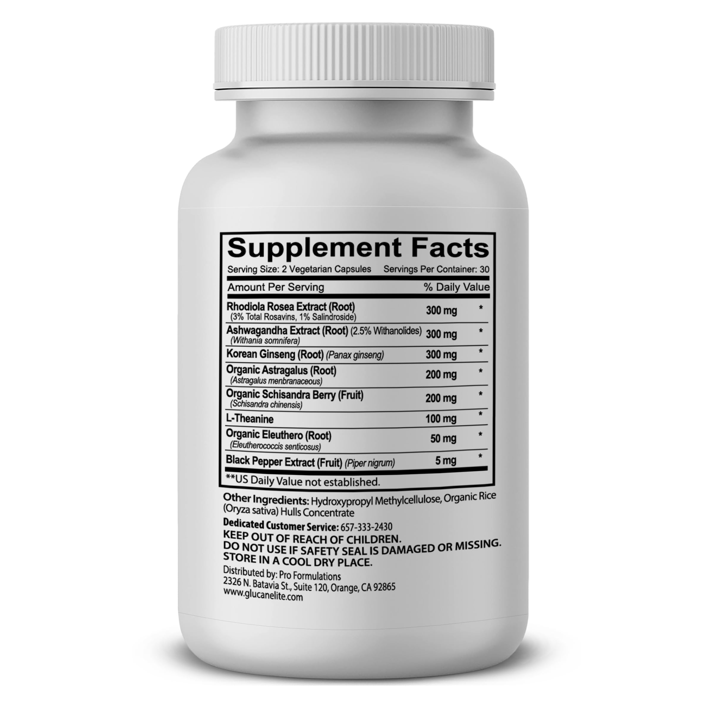 Rhodiola Rosea Extract, Ashwagandha Extract, Ginseng Root, Organic Astragalus Root, Organic Schisandra Berry, Organic Eleuthero Root ingredients