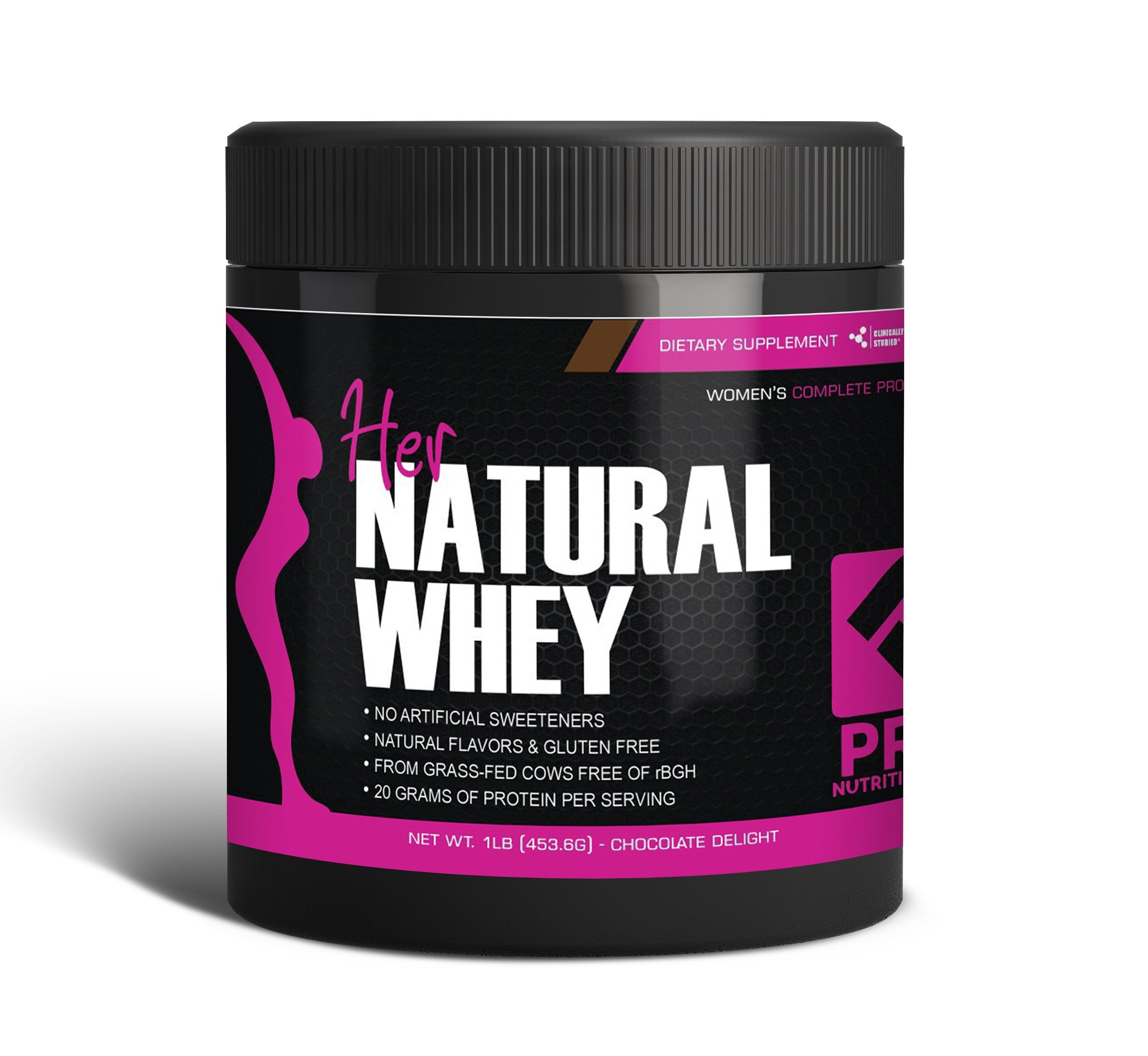 PRO NUTRITION LABS Whey Protein Women Chocolate Delight tub emphasizes grass-fed protein for lean muscle support.
