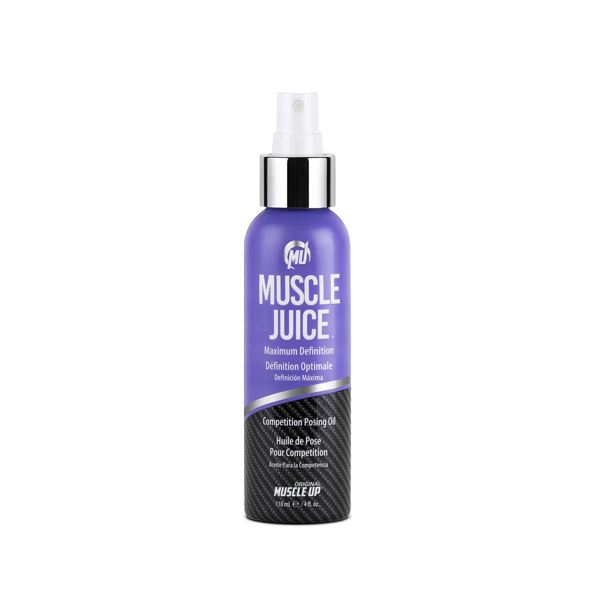 Pro Tan Muscle Juice Maximum Definition Posing Oil bottle under stage lighting (4 oz)