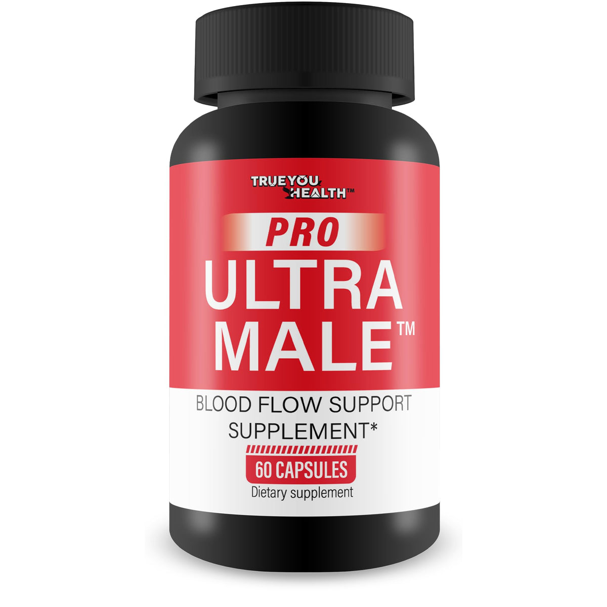 Pro Ultra Male bottle and capsules on white background