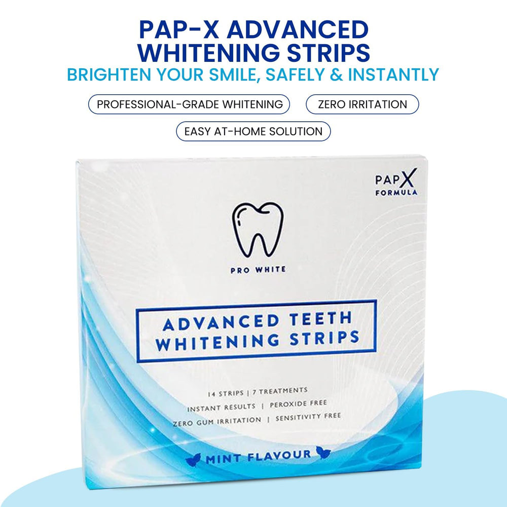 Upper and lower whitening strips aligned on teeth, ready for application